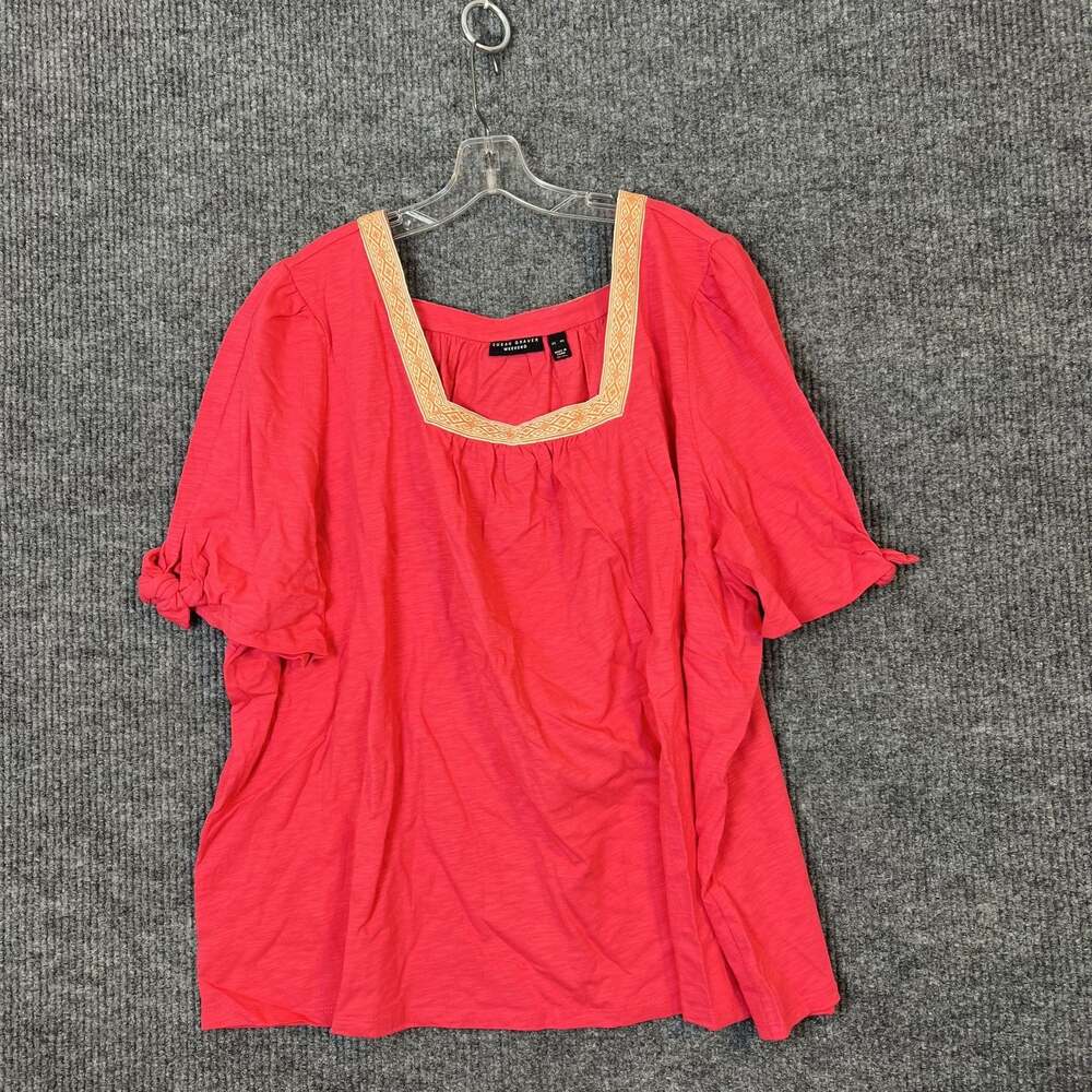 Susan Graver Weekend Textured Tie Sleeve Top with Neck Trim Pink Papaya Size 4X
